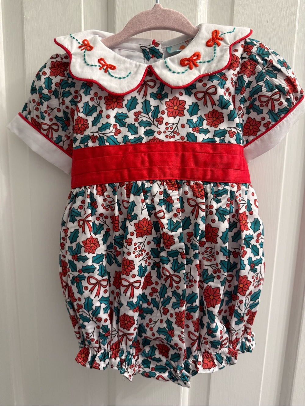 Smocked Flamingo Christmas Holly Bow Bubble Romper 6M NWT